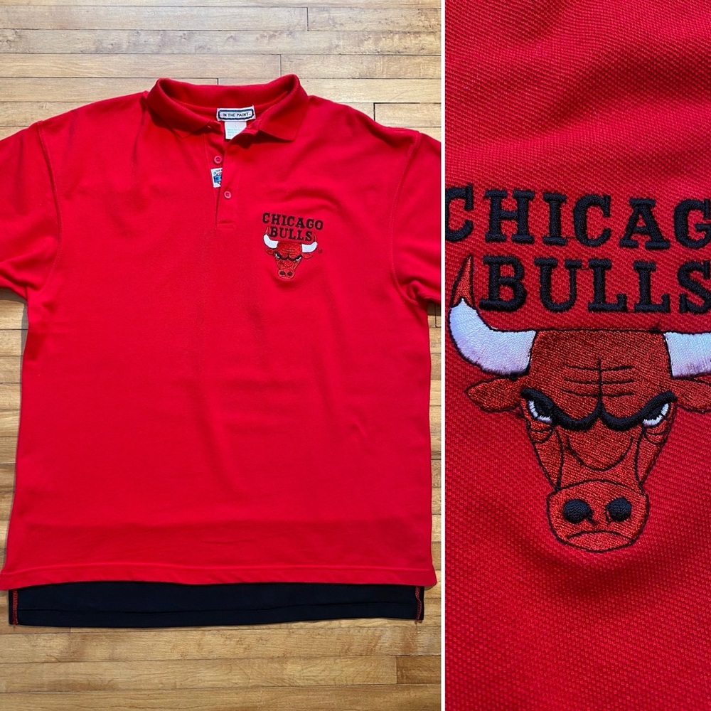 Vintage CHICAGO BULLS Shirt 1990s In The Paint Basketball Color Block Polo Large